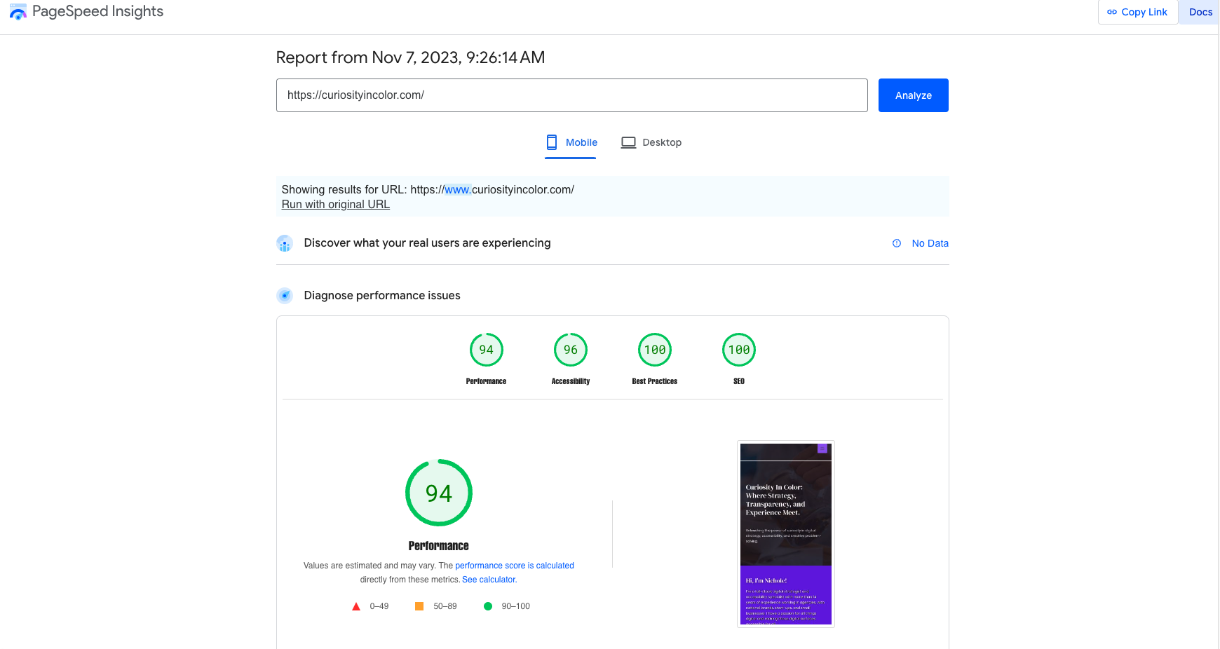 Google Page Speed Insights results
